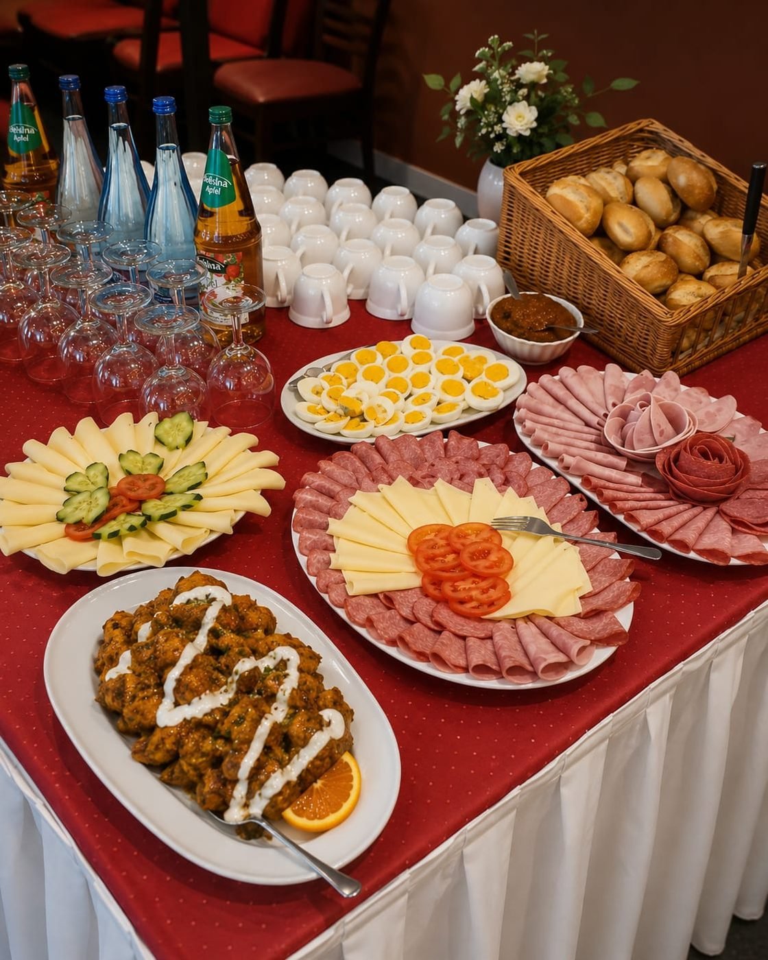 Reichhaltiges Buffet mit Käse, Aufschnitt, Curry und frischem Brot für Feiern
